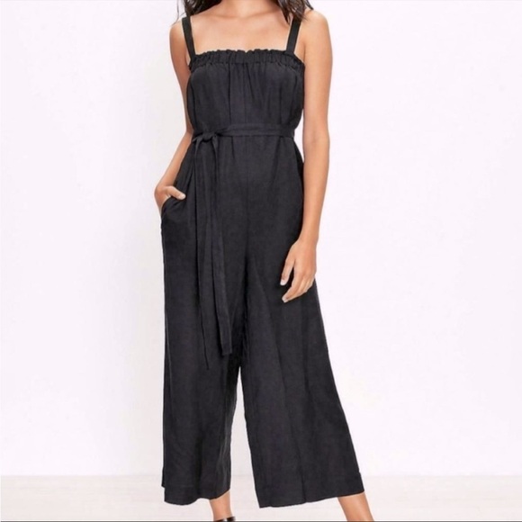 NWT Ann Taylor LOFT Jumpsuit Romper Black Linen Square Neck Ruffle Wide Leg XS - Picture 2 of 13